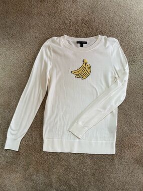 Banana Republic White Crewneck Sweater with Yellow Banana Motif